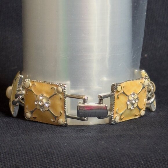 Vintage LIZ CLAIBORNE Beige & Silvertone Link Bracelet Floral Design  Rhinestone - Picture 5 of 7